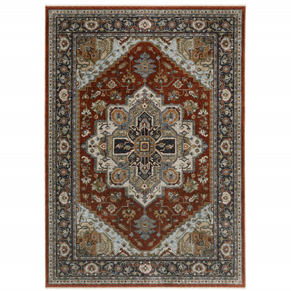 10' X 13' Blue Beige Grey Gold Green And Rust Red Oriental Power Loom Stain Resistant Area Rug With Fringe - 27.0" (L) x 180.0" (W) x 0.6" (H)