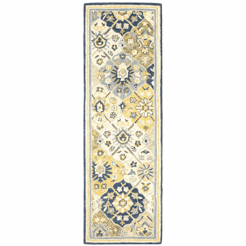 8' Runner Blue and Beige Geometric Hand Tufted Runner Rug