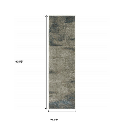 8' Runner Grey and Teal Blue Abstract Power Loom Runner Rug