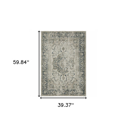 3' X 5' Blue and Gray Oriental Power Loom Area Rug