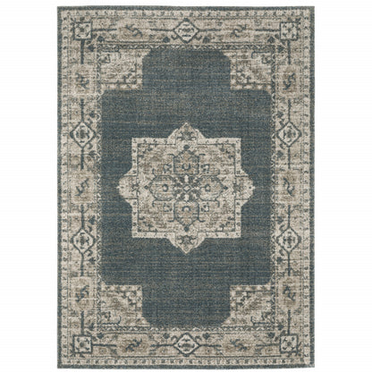 3' X 5' Blue and Beige Oriental Power Loom Area Rug