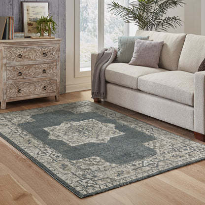 3' X 5' Blue and Beige Oriental Power Loom Area Rug