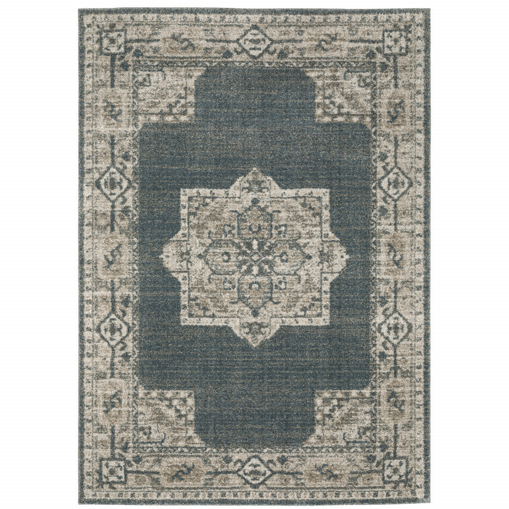 8' x 11' Blue and Beige Oriental Power Loom Area Rug