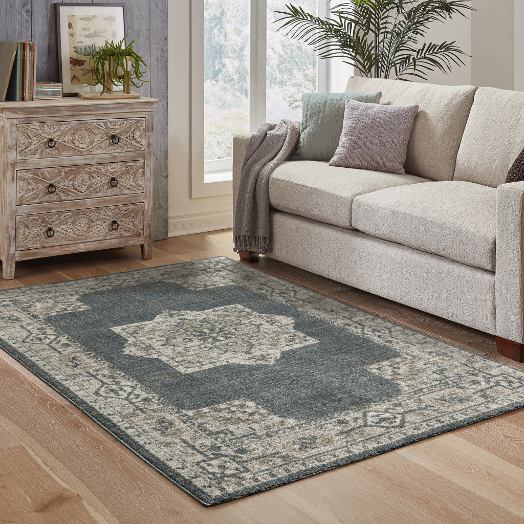 8' x 11' Blue and Beige Oriental Power Loom Area Rug