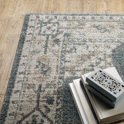 10' x 13' Blue and Beige Oriental Power Loom Area Rug