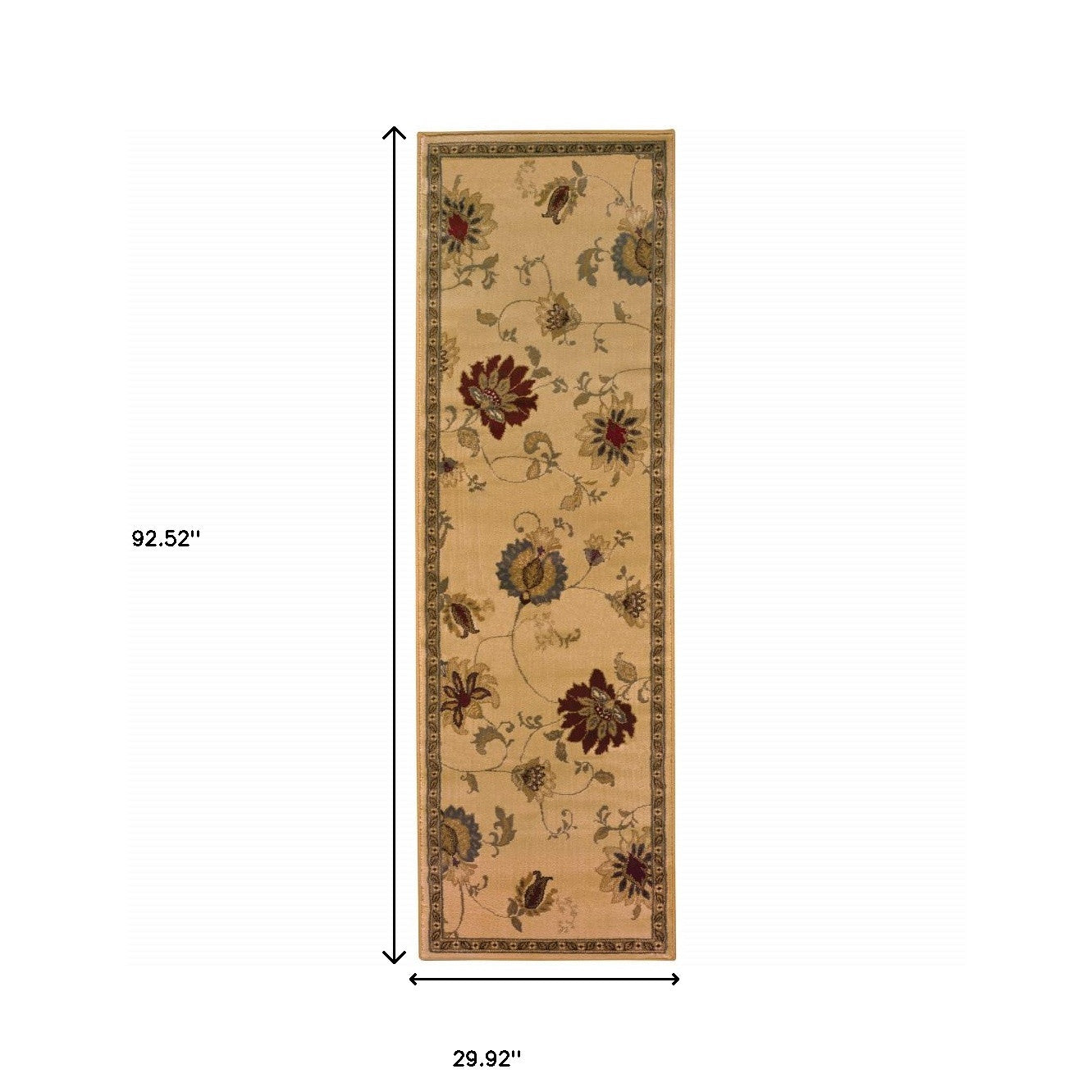 2' X 8' Ivory Green Brown Blue And Rust Floral Power Loom Stain Resistant Runner Rug