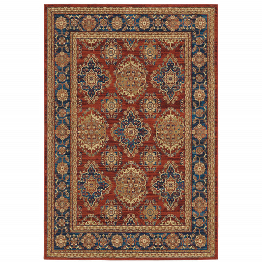 10' X 13' Red Blue And Gold Oriental Power Loom Stain Resistant Area Rug