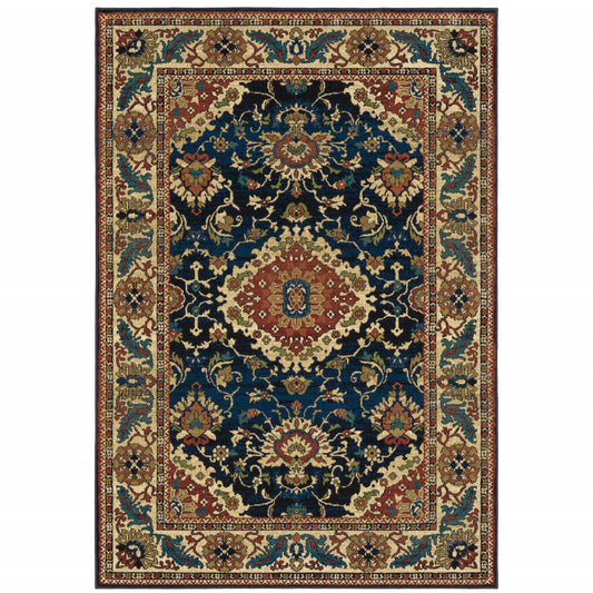 10' X 13' Blue Red And Beige Oriental Power Loom Stain Resistant Area Rug