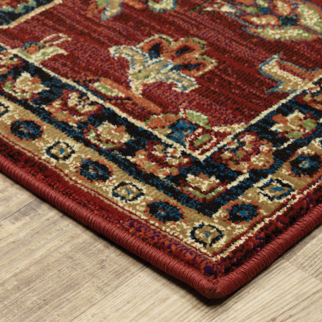 6' X 9' Red And Blue Oriental Power Loom Stain Resistant Area Rug