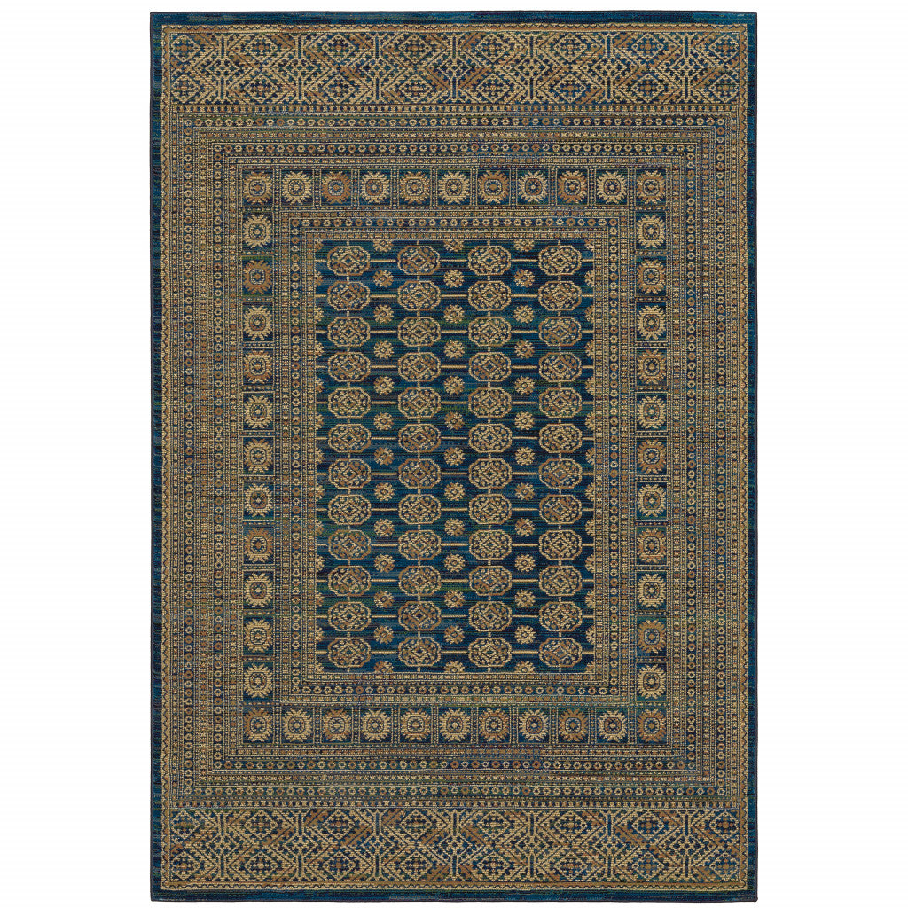 5' X 8' Blue And Gold Oriental Power Loom Stain Resistant Area Rug