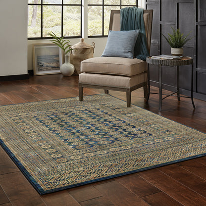 5' X 8' Blue And Gold Oriental Power Loom Stain Resistant Area Rug