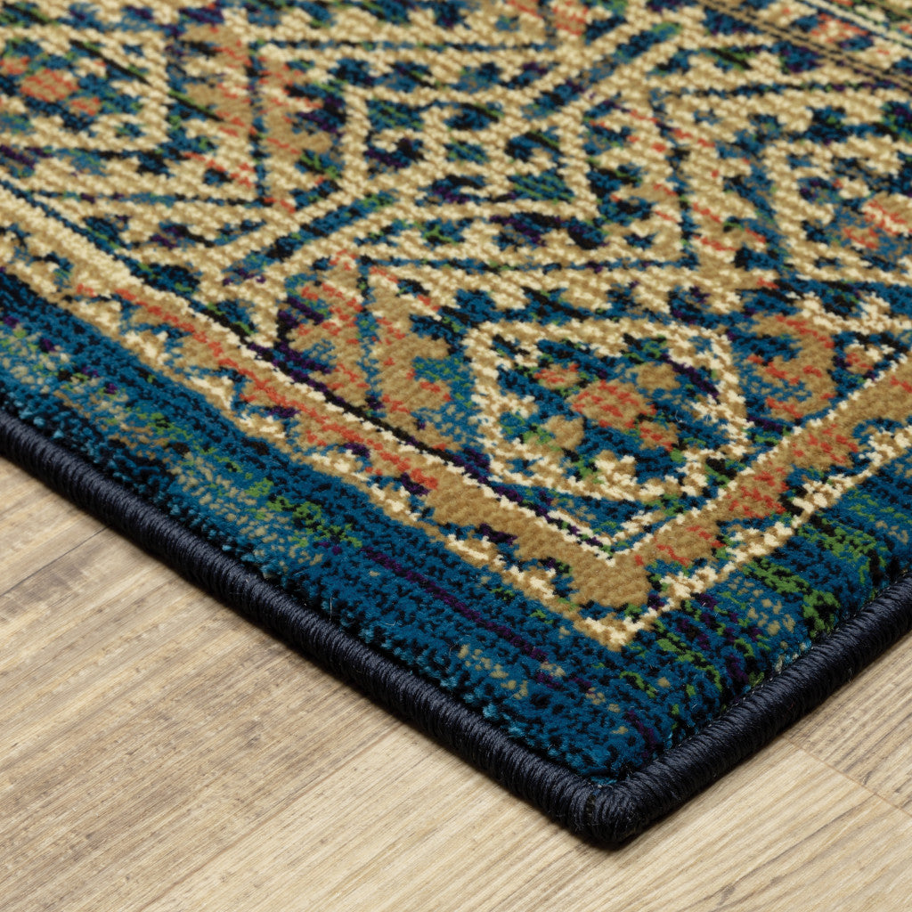 5' X 8' Blue And Gold Oriental Power Loom Stain Resistant Area Rug