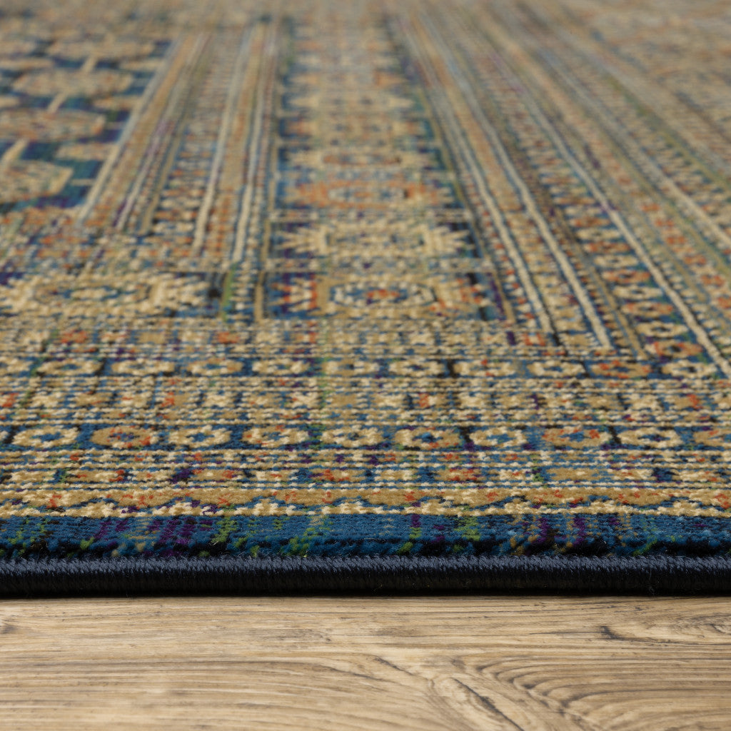 5' X 8' Blue And Gold Oriental Power Loom Stain Resistant Area Rug