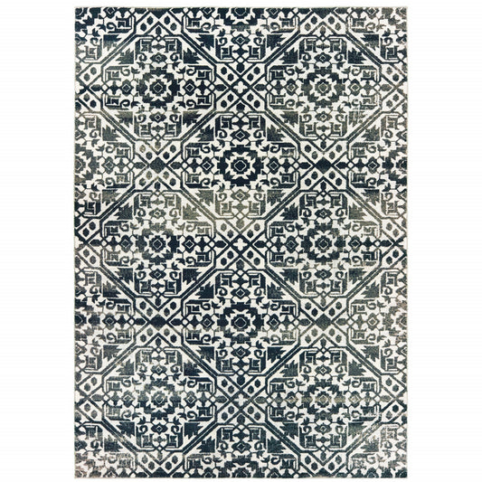 6' X 9' Navy And Ivory Geometric Power Loom Stain Resistant Area Rug - 78.74" (H) x 114.17" (W) x 0.39" (D)