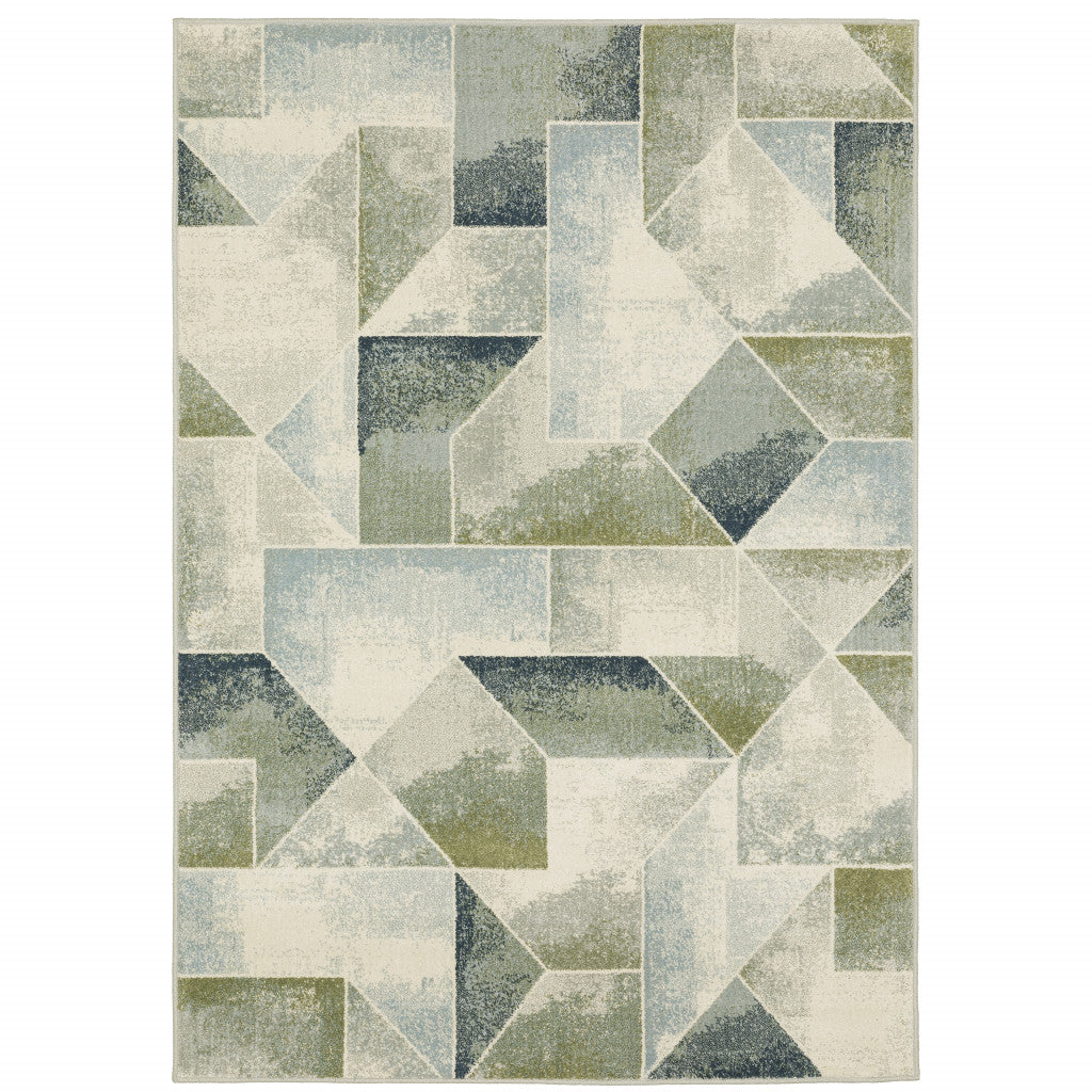 5' X 7' Blue Green Grey Gold And Ivory Geometric Power Loom Stain Resistant Area Rug - 62.99" (H) x 86.61" (W) x 0.39" (D)