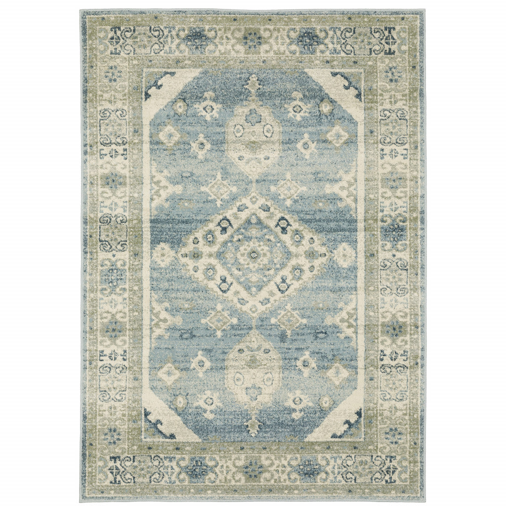 5' X 7' Blue Grey Beige And Teal Oriental Power Loom Stain Resistant Area Rug - 62.99" (H) x 86.61" (W) x 0.39" (D)