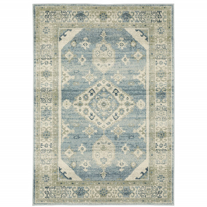 5' X 7' Blue Grey Beige And Teal Oriental Power Loom Stain Resistant Area Rug - 62.99" (H) x 86.61" (W) x 0.39" (D)