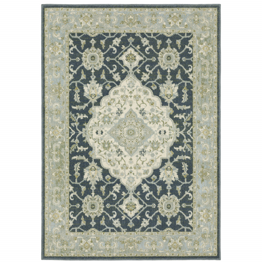 8' X 10' Teal Blue Ivory Green And Grey Oriental Power Loom Stain Resistant Area Rug - 94.49" (H) x 120.08" (W) x 0.39" (D)