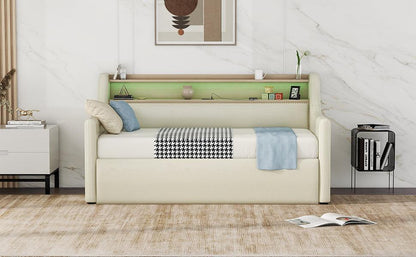 Twin Size Daybed with Hydraulic Storage Upholstered Daybed with Lift Up Storage Beige - FurniFindUSA