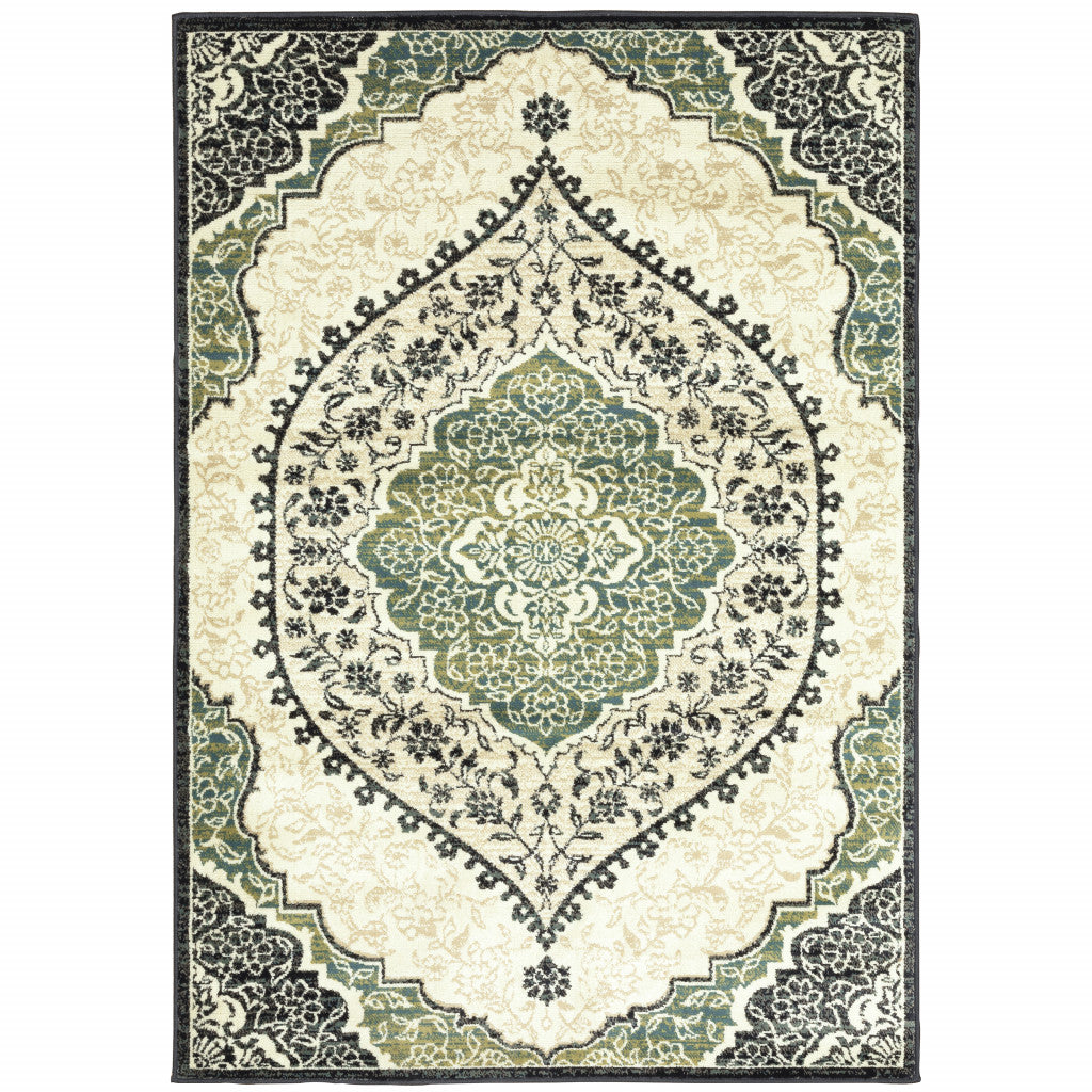 4' X 6' Ivory Navy And Green Oriental Power Loom Stain Resistant Area Rug - 46.06" (H) x 64.96" (W) x 0.31" (D)