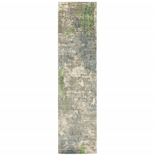 2' X 10' Blue And Green Abstract Hand Loomed Stain Resistant Runner Rug - 36.0" (L) x 60.0" (W) x 0.43" (H)