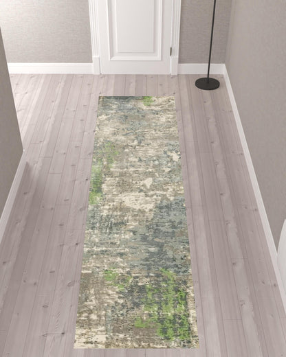 2' X 10' Blue And Green Abstract Hand Loomed Stain Resistant Runner Rug - 36.0" (L) x 60.0" (W) x 0.43" (H)