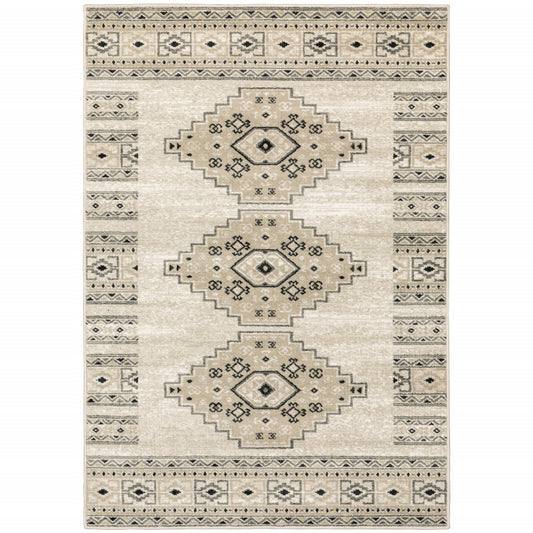 10' X 13' Ivory Grey Black And Ivory Southwestern Power Loom Stain Resistant Area Rug - 20.0" (L) x 34.0" (W) x 0.39" (H)