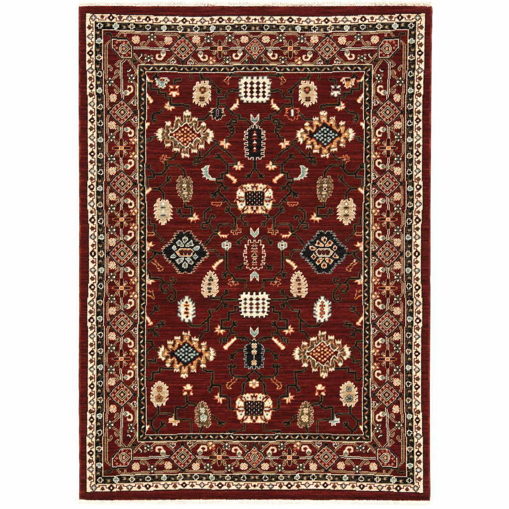 2' X 3' Red Black Ivory And Brown Oriental Power Loom Stain Resistant Area Rug With Fringe - 63.0" (L) x 84.0" (W) x 0.25" (H) FurniFindUSA