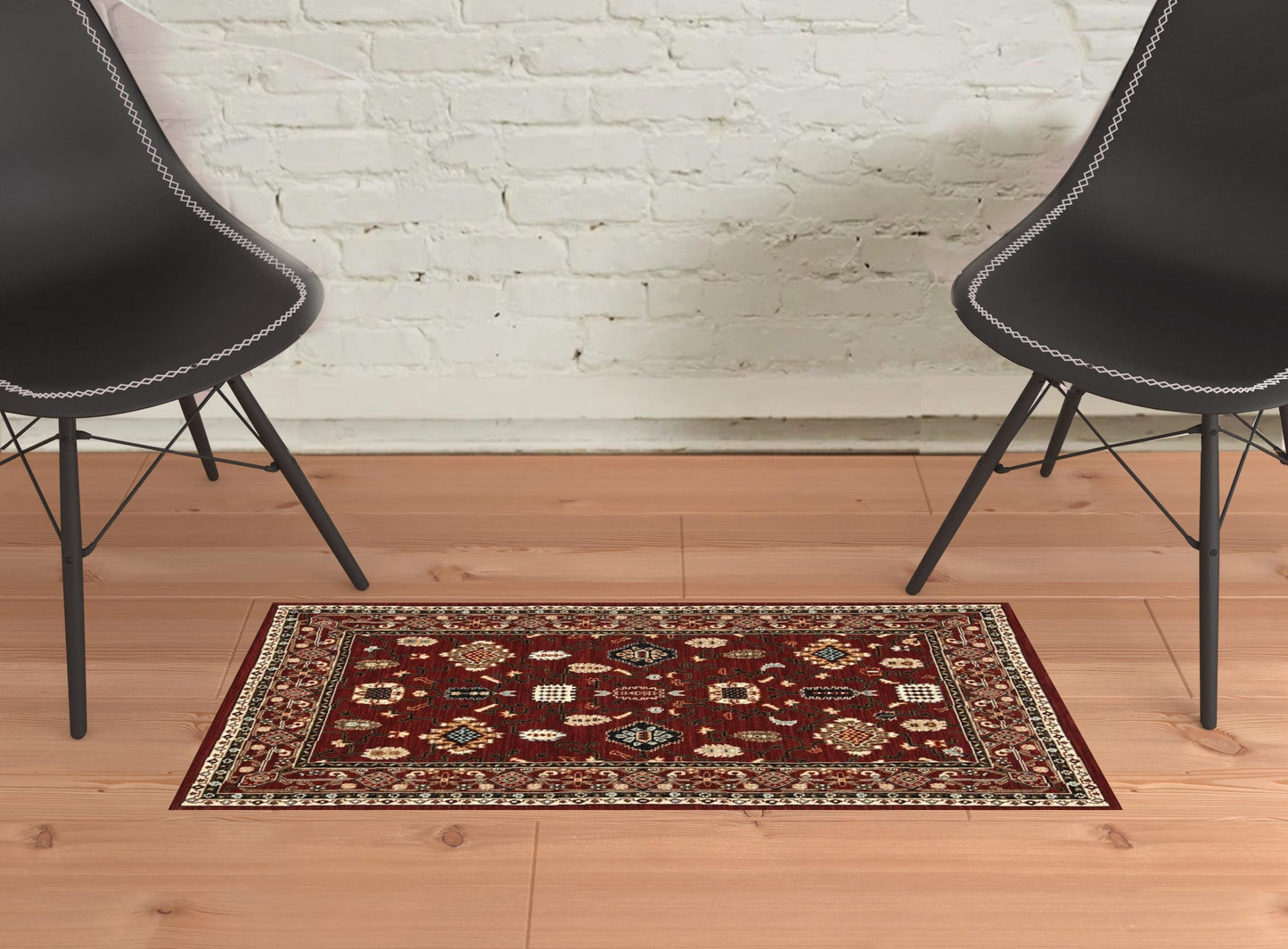 2' X 3' Red Black Ivory And Brown Oriental Power Loom Stain Resistant Area Rug With Fringe - 63.0" (L) x 84.0" (W) x 0.25" (H) FurniFindUSA