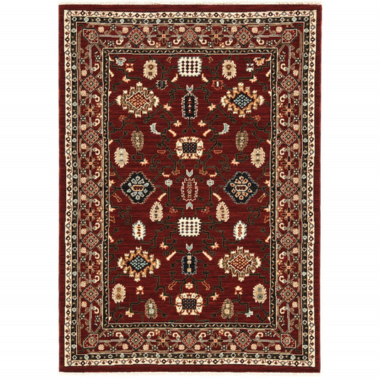 3' X 5' Red Black Ivory And Brown Oriental Power Loom Stain Resistant Area Rug With Fringe - 96.0" (L) x 120.0" (W) x 0.25" (H)