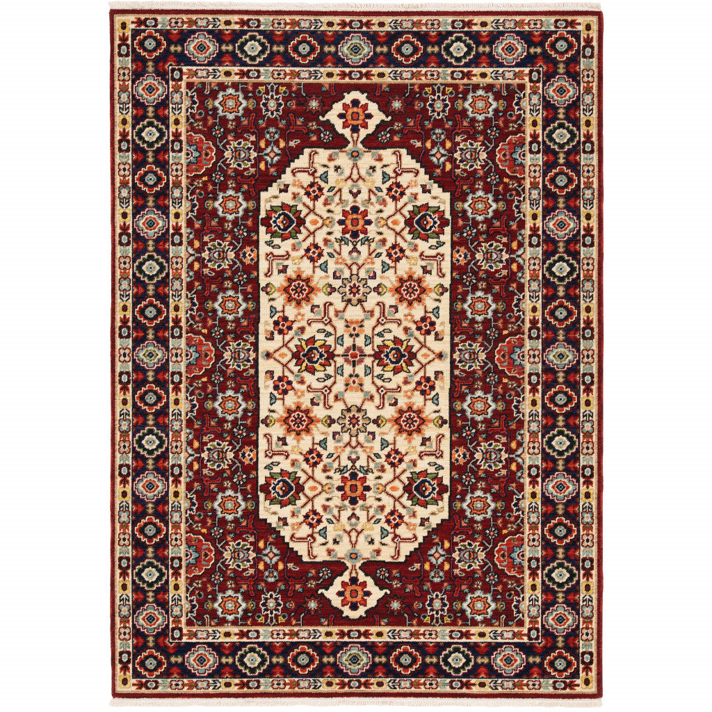 2' X 3' Red Ivory Blue And Orange Oriental Power Loom Stain Resistant Area Rug With Fringe - 63.0" (L) x 87.0" (W) x 1.0" (H) FurniFindUSA
