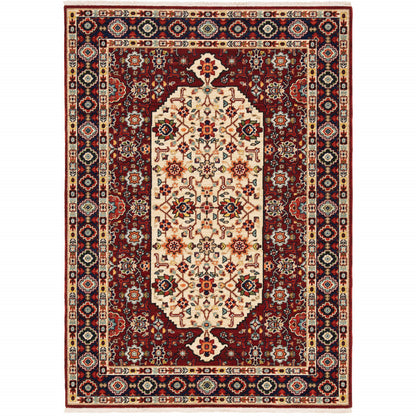 2' X 3' Red Ivory Blue And Orange Oriental Power Loom Stain Resistant Area Rug With Fringe - 63.0" (L) x 87.0" (W) x 1.0" (H) FurniFindUSA