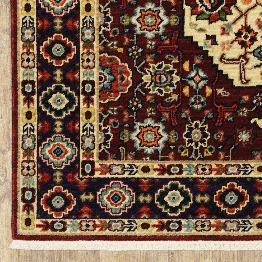 2' X 3' Red Ivory Blue And Orange Oriental Power Loom Stain Resistant Area Rug With Fringe - 63.0" (L) x 87.0" (W) x 1.0" (H) FurniFindUSA