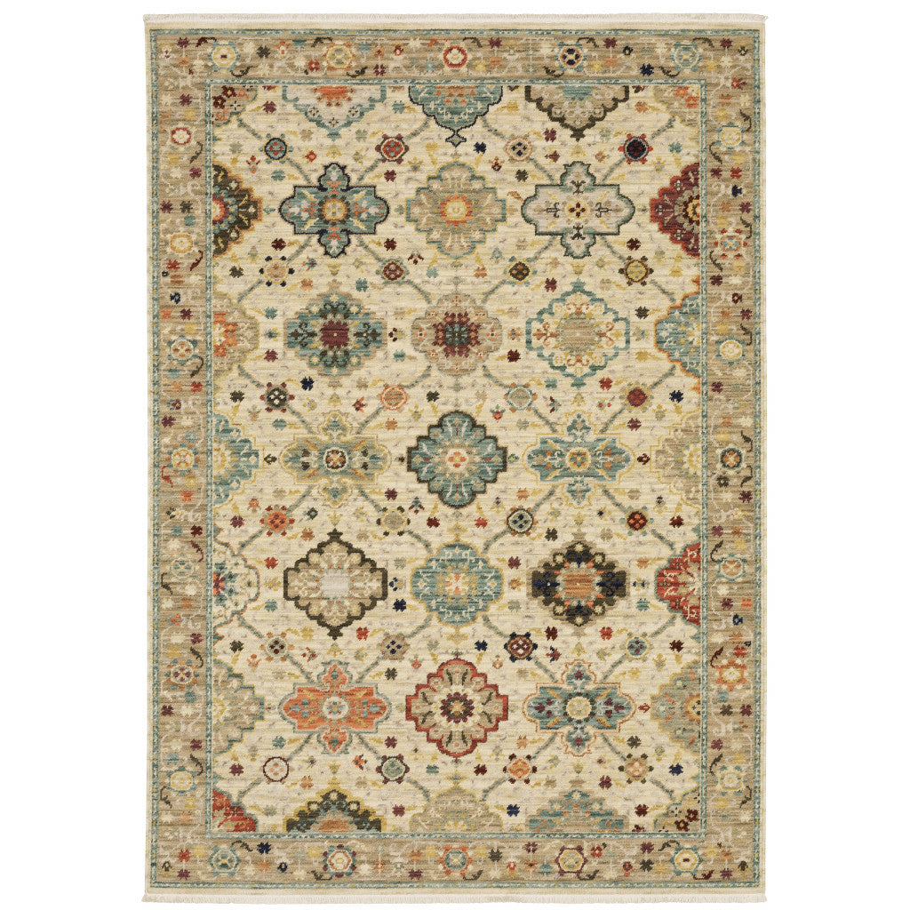 2' X 3' Beige Pale Blue Rust Gold Tan Brown And Orange Oriental Power Loom Stain Resistant Area Rug With Fringe - 48.0" (L) x 48.0" (W) x 0.5" (H)