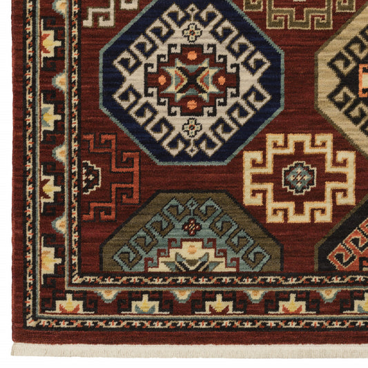 3' X 5' Red Blue Brown And Beige Oriental Power Loom Stain Resistant Area Rug With Fringe - 96.0" (L) x 120.0" (W) x 0.25" (H)