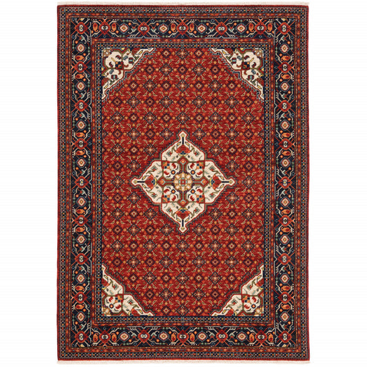 3' X 5' Red Blue Ivory And Orange Oriental Power Loom Stain Resistant Area Rug With Fringe - 95.0" (L) x 118.0" (W) x 0.27" (H)