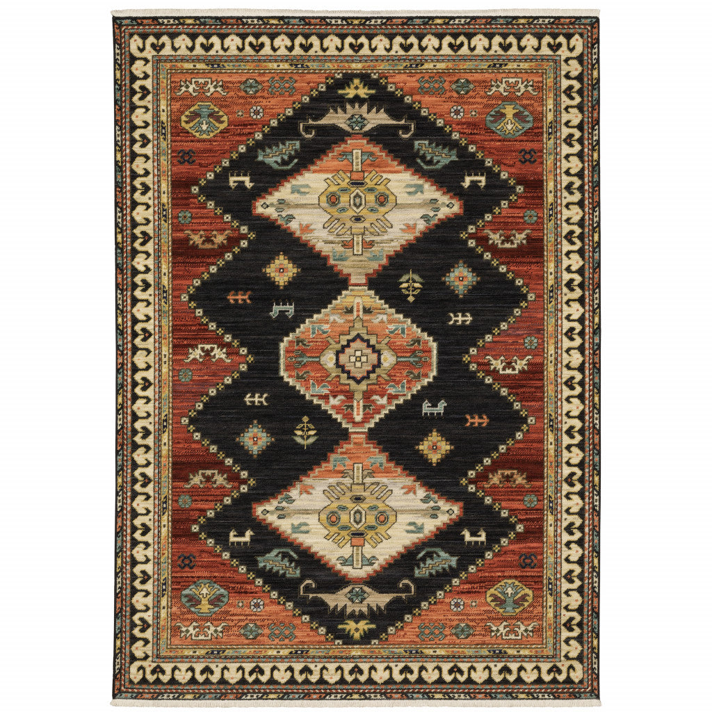 2' X 3' Charcoal Brown Orange Salmon Gold Navy Ivory And Pale Blue Oriental Power Loom Stain Resistant Area Rug With Fringe - 5.0" (L) x 5.0" (W) x 0.4" (H)