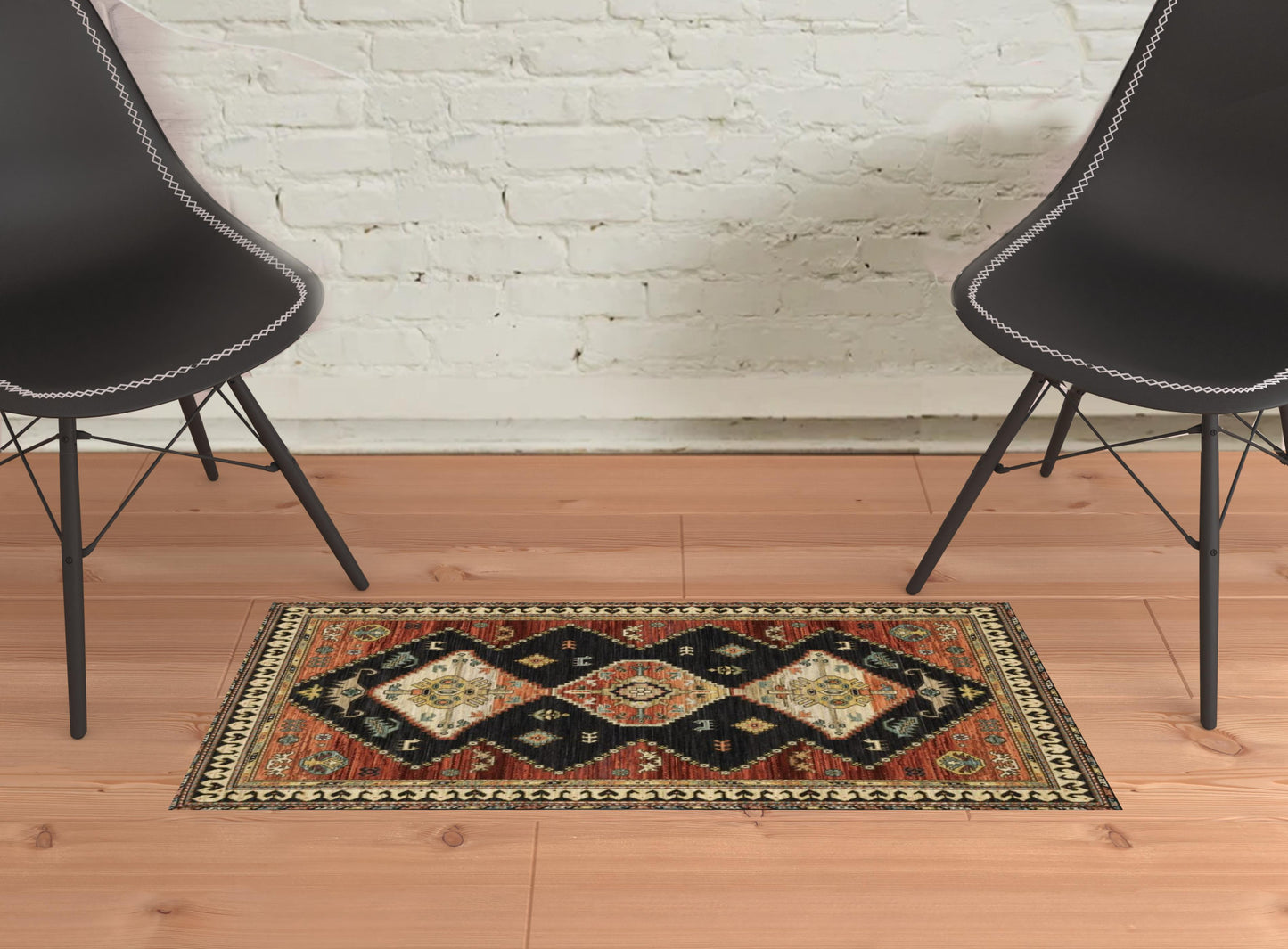 2' X 3' Charcoal Brown Orange Salmon Gold Navy Ivory And Pale Blue Oriental Power Loom Stain Resistant Area Rug With Fringe - 5.0" (L) x 5.0" (W) x 0.4" (H)