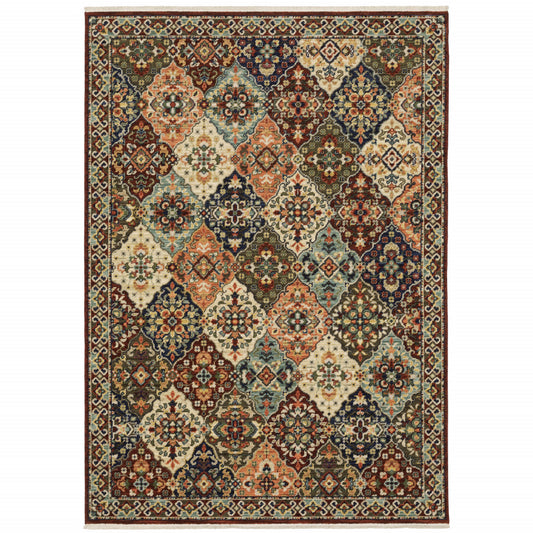 3' X 5' Red Rust Navy Light Blue Brown Orange Ivory And Gold Oriental Power Loom Stain Resistant Area Rug With Fringe - 94.0" (L) x 118.0" (W) x 0.5" (H)