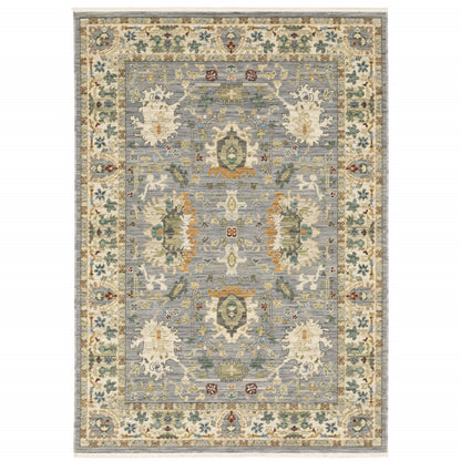 10' X 13' Grey Ivory Orange Teal Green Charcoal Blue And Red Oriental Power Loom Stain Resistant Area Rug With Fringe - 22.44" (L) x 39.37" (W) x 1.96" (H)