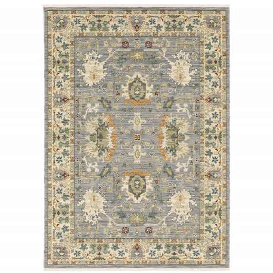 10' X 13' Grey Ivory Orange Teal Green Charcoal Blue And Red Oriental Power Loom Stain Resistant Area Rug With Fringe - 22.44" (L) x 39.37" (W) x 1.96" (H)