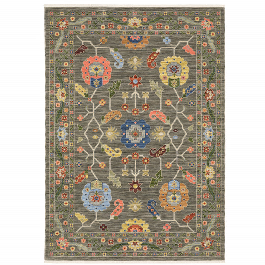 6' X 9' Grey Blue Pink Orange Rust Red Green And Ivory Oriental Power Loom Stain Resistant Area Rug With Fringe - 78.74" (H) x 116.54" (W) x 0.31" (D)