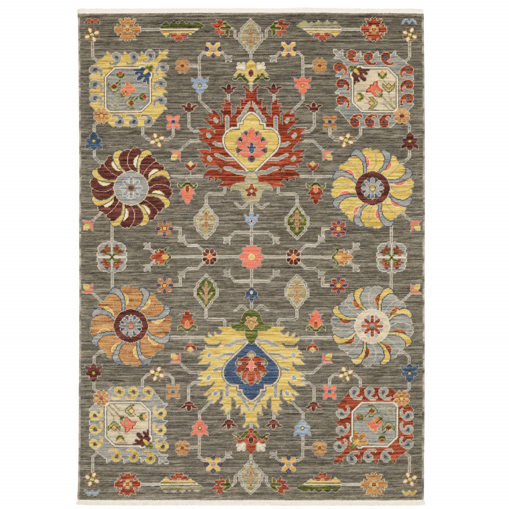 10' X 13' Grey Charcoal Yellow Blue Rust Red Pink Green And Ivory Oriental Power Loom Stain Resistant Area Rug With Fringe - 20.0" (L) x 34.0" (W) x 0.63" (H)