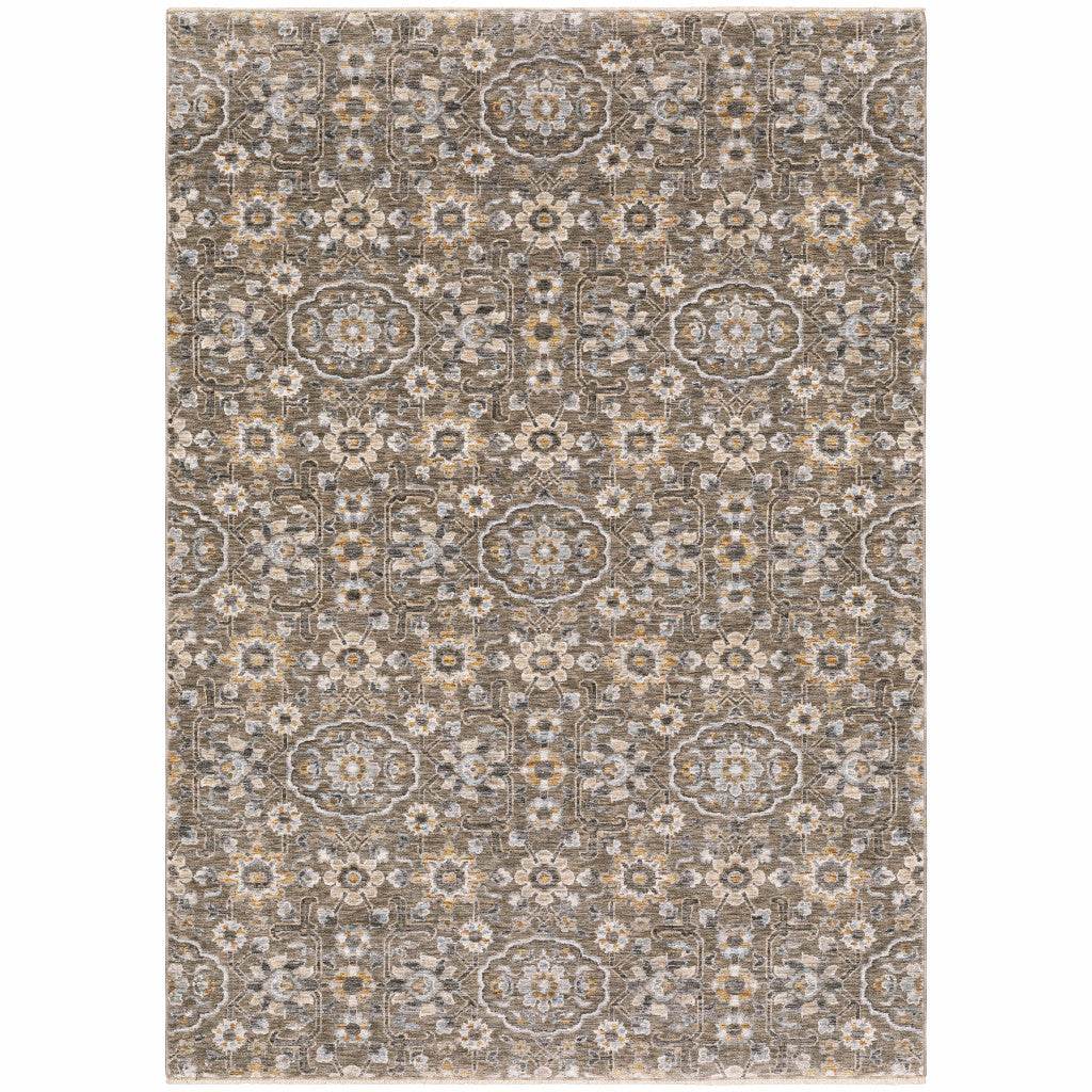 10' X 13' Grey And Tan Floral Power Loom Stain Resistant Area Rug With Fringe - 24.0" (L) x 36.0" (W) x 1.0" (H)