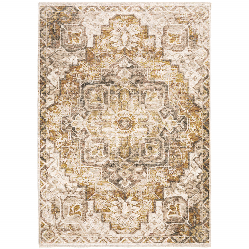 2' X 3' Gold And Ivory Oriental Power Loom Stain Resistant Area Rug With Fringe - 48.0" (L) x 72.0" (W) x 0.63" (H)