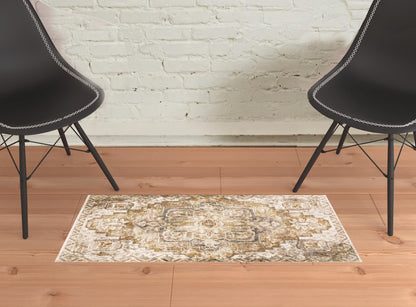 2' X 3' Gold And Ivory Oriental Power Loom Stain Resistant Area Rug With Fringe - 48.0" (L) x 72.0" (W) x 0.63" (H)