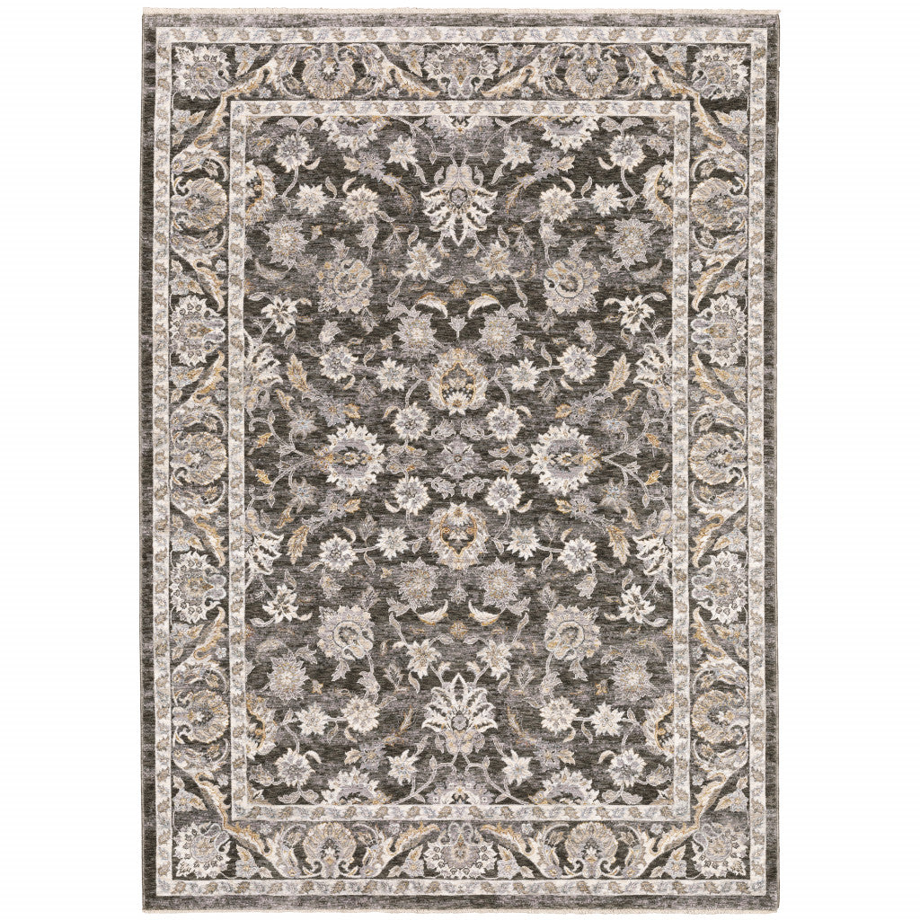 10' X 13' Grey And Ivory Oriental Power Loom Stain Resistant Area Rug With Fringe - 24.0" (L) x 36.0" (W) x 1.0" (H)