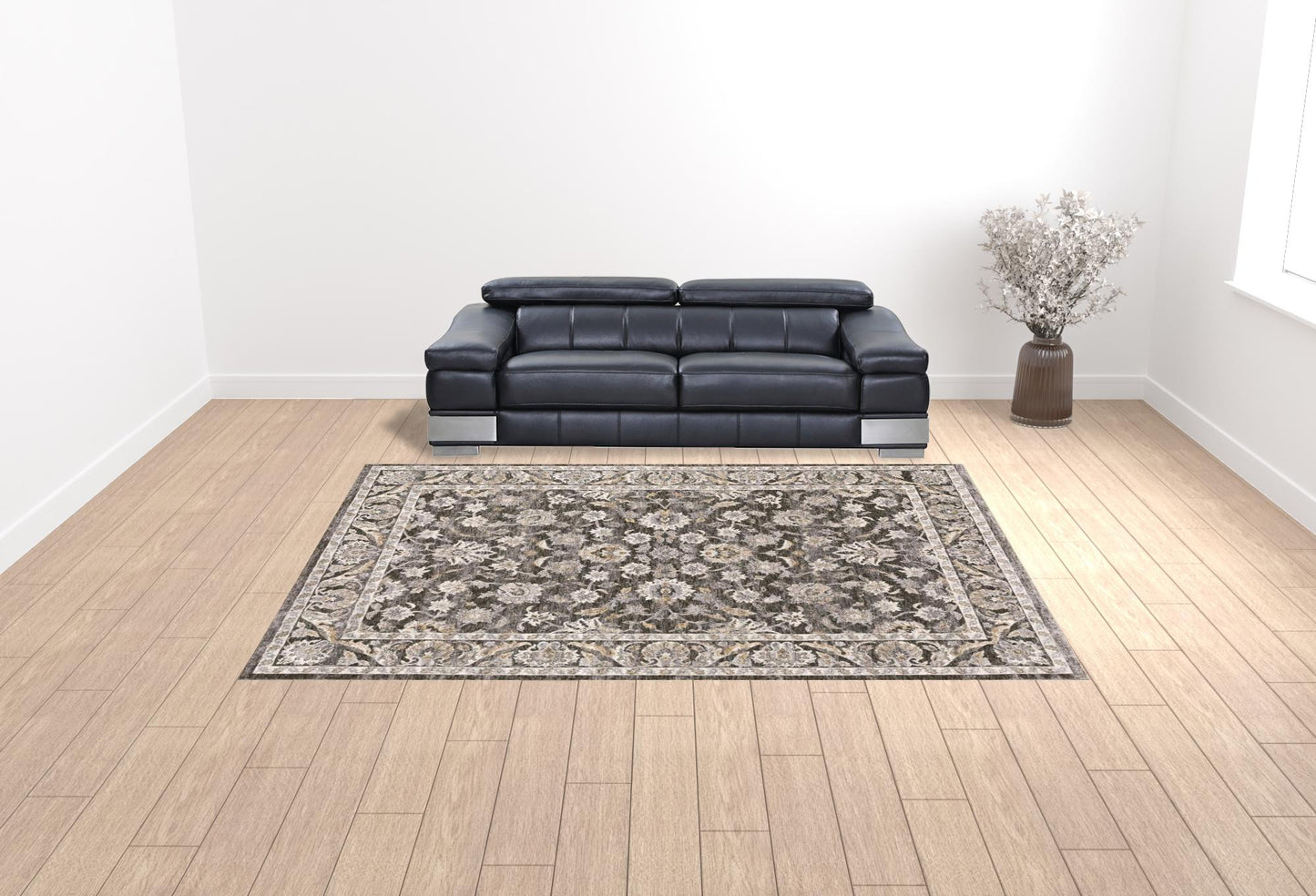 10' X 13' Grey And Ivory Oriental Power Loom Stain Resistant Area Rug With Fringe - 24.0" (L) x 36.0" (W) x 1.0" (H)