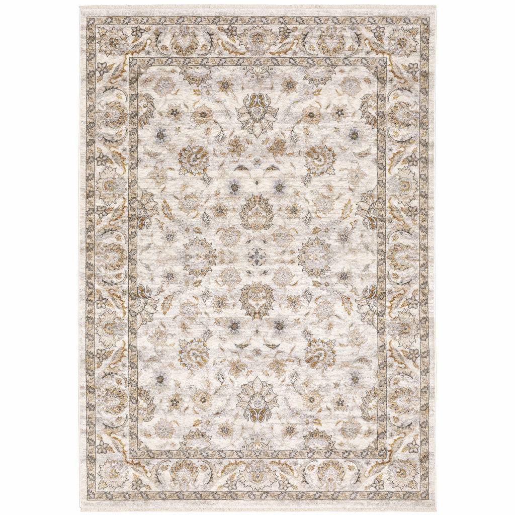 10' X 13' Ivory And Grey Oriental Power Loom Stain Resistant Area Rug With Fringe - 20.0" (L) x 34.0" (W) x 0.39" (H)