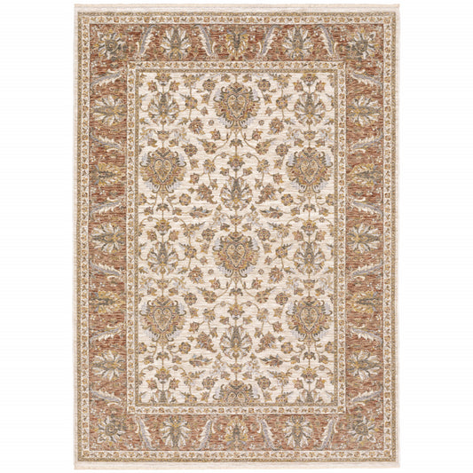 10' X 13' Rust And Ivory Oriental Power Loom Stain Resistant Area Rug With Fringe - 22.0" (L) x 34.0" (W) x 1.0" (H)